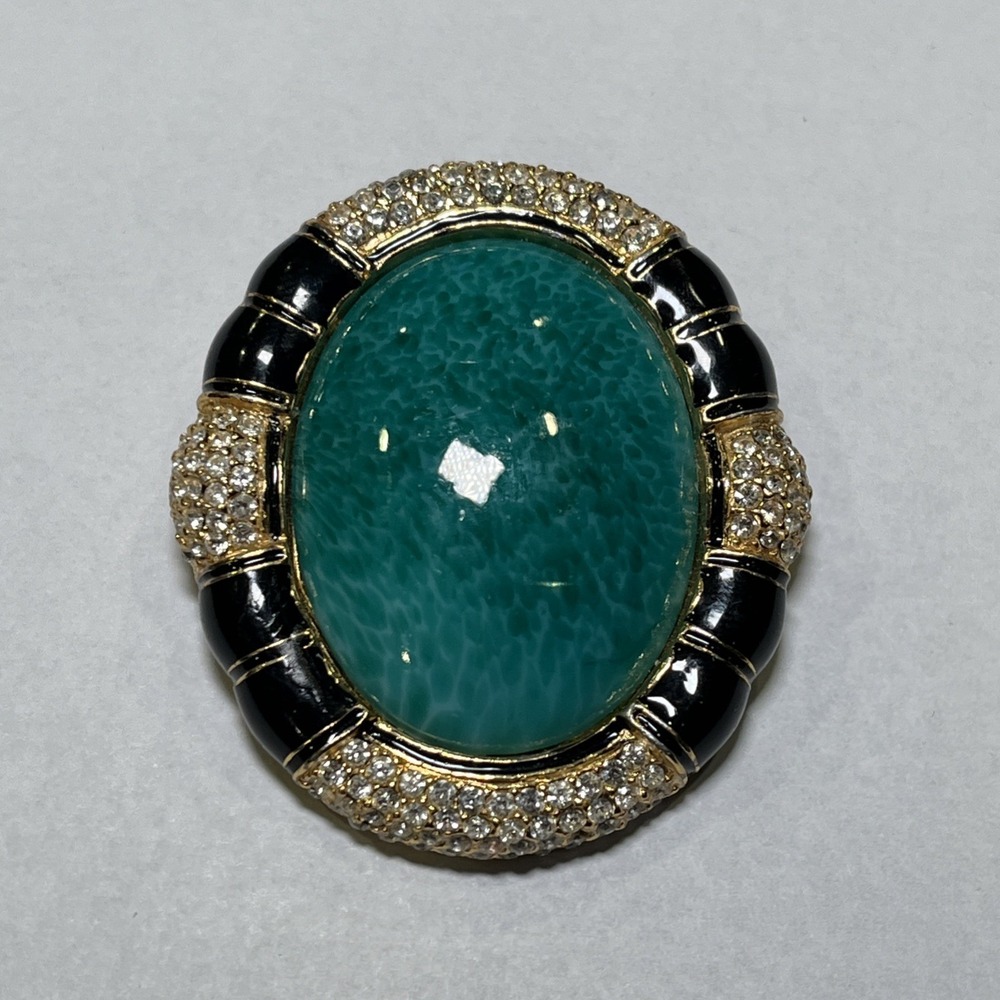 VTG Ciner Peking Green Glass Brooch Cabochon Gold Black Rhinestone, 2.25"x1.75"
